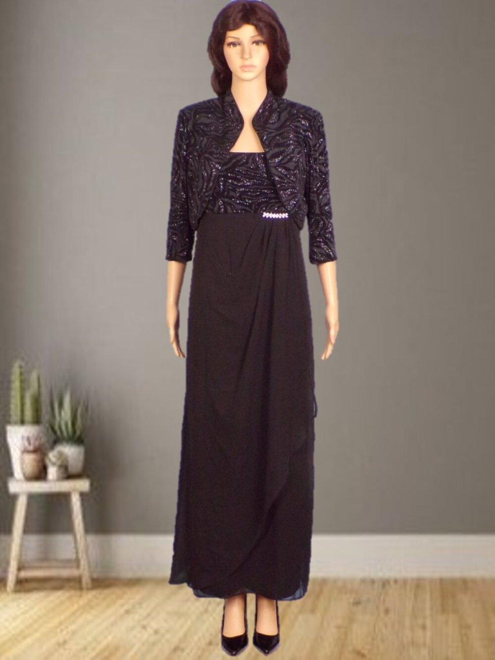 MADAM X size 10 black/gray 2-piece evening ensemble jacket/gown acetate/spandex